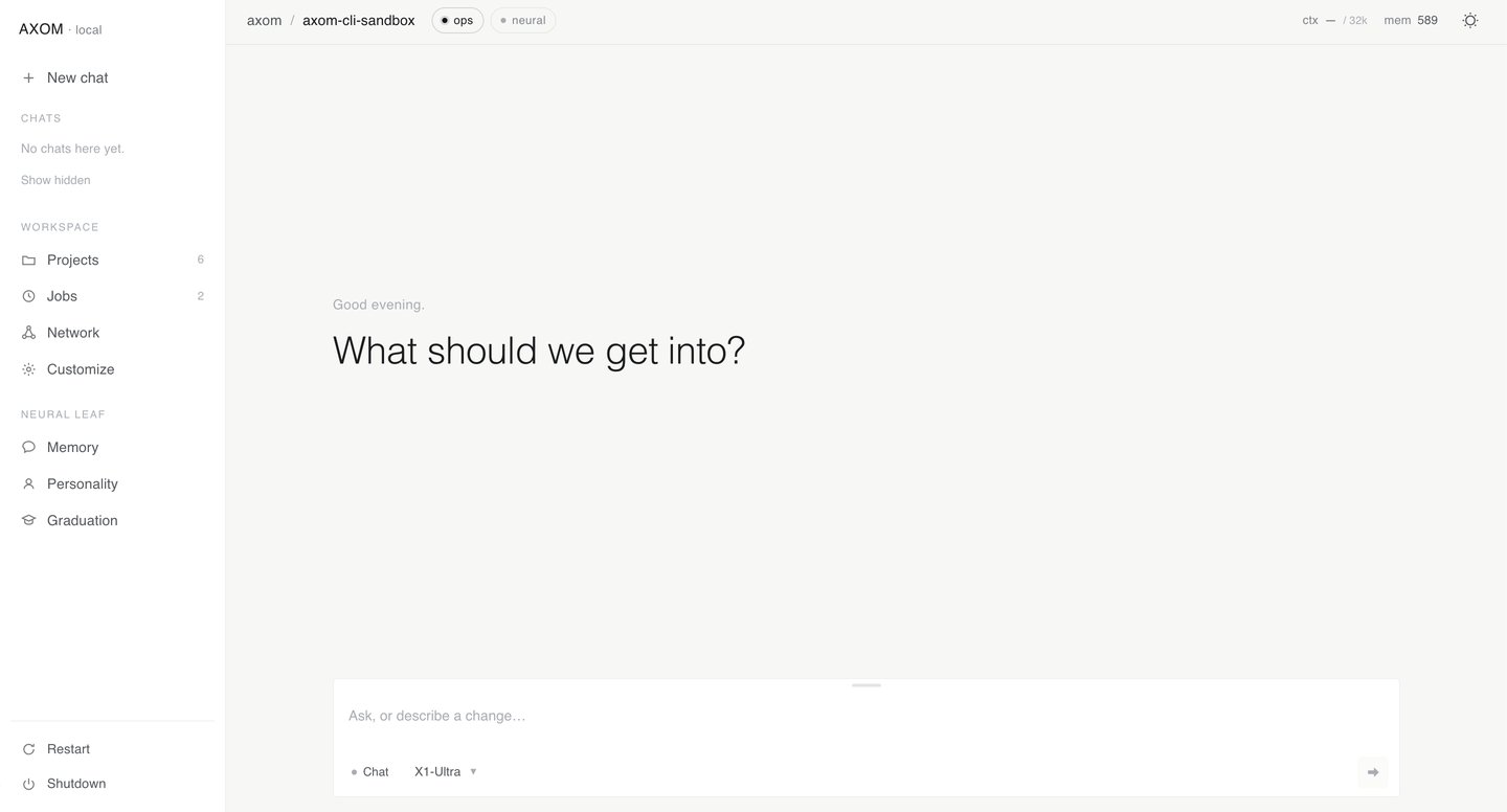 The Axom app: a chat ready for a new conversation, with Projects, Jobs, Network, Memory, and Personality in the sidebar, running X1-Ultra locally.